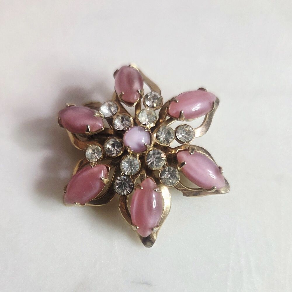 Star Sunburst Brooch Frosted Pink Color Rhinestone Vtg 1.25 In